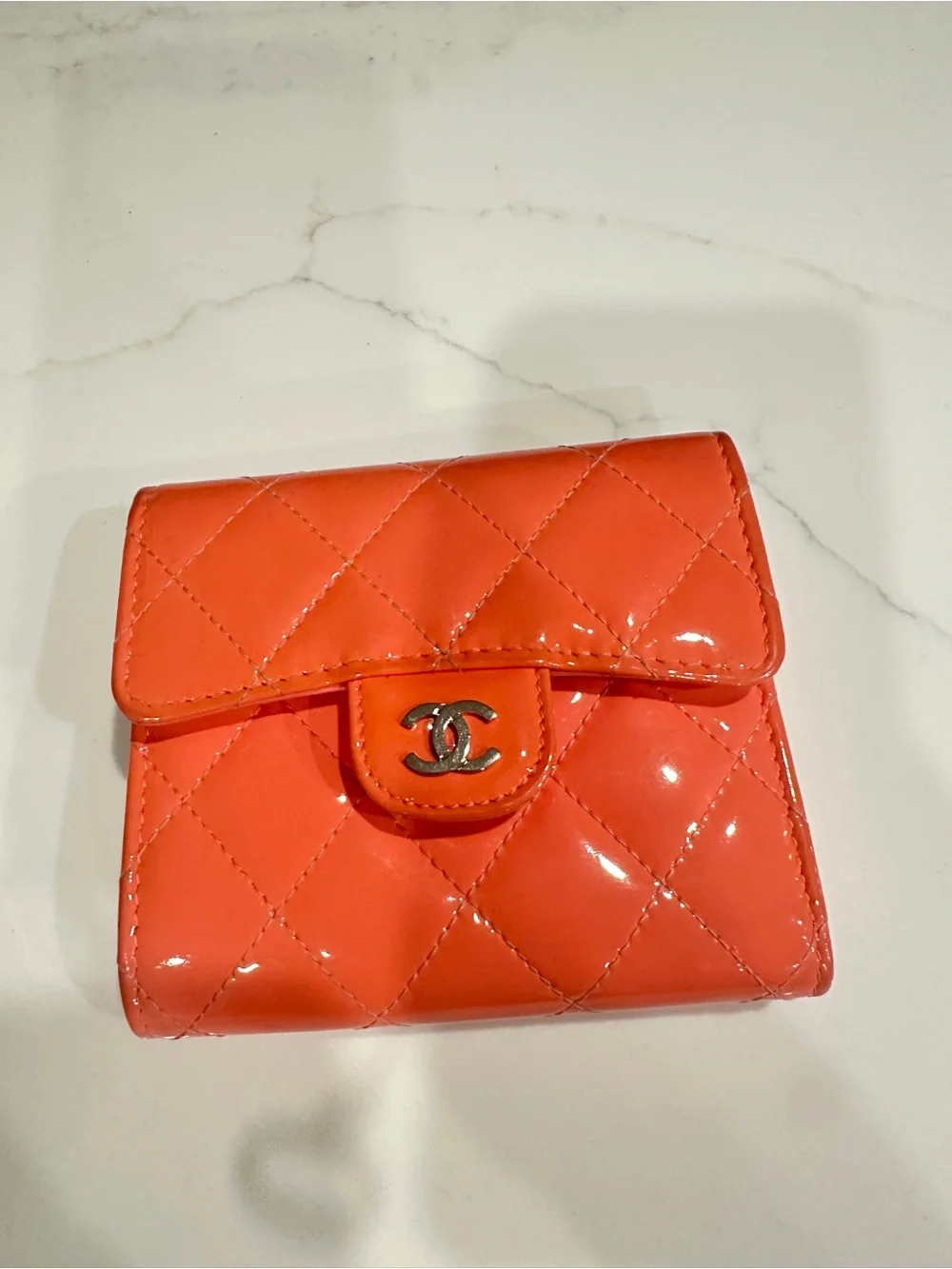 CHANEL Quilted Patent Leather Mini Wallet - Bright Coral Orange